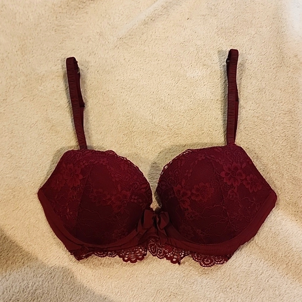 Gilly Hicks Push 'Em Up Plunge Bra 34C Burgundy